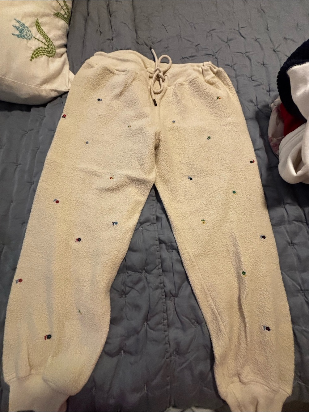 THE GREAT. Cream Sherpa Joggers with Multicolor Dots